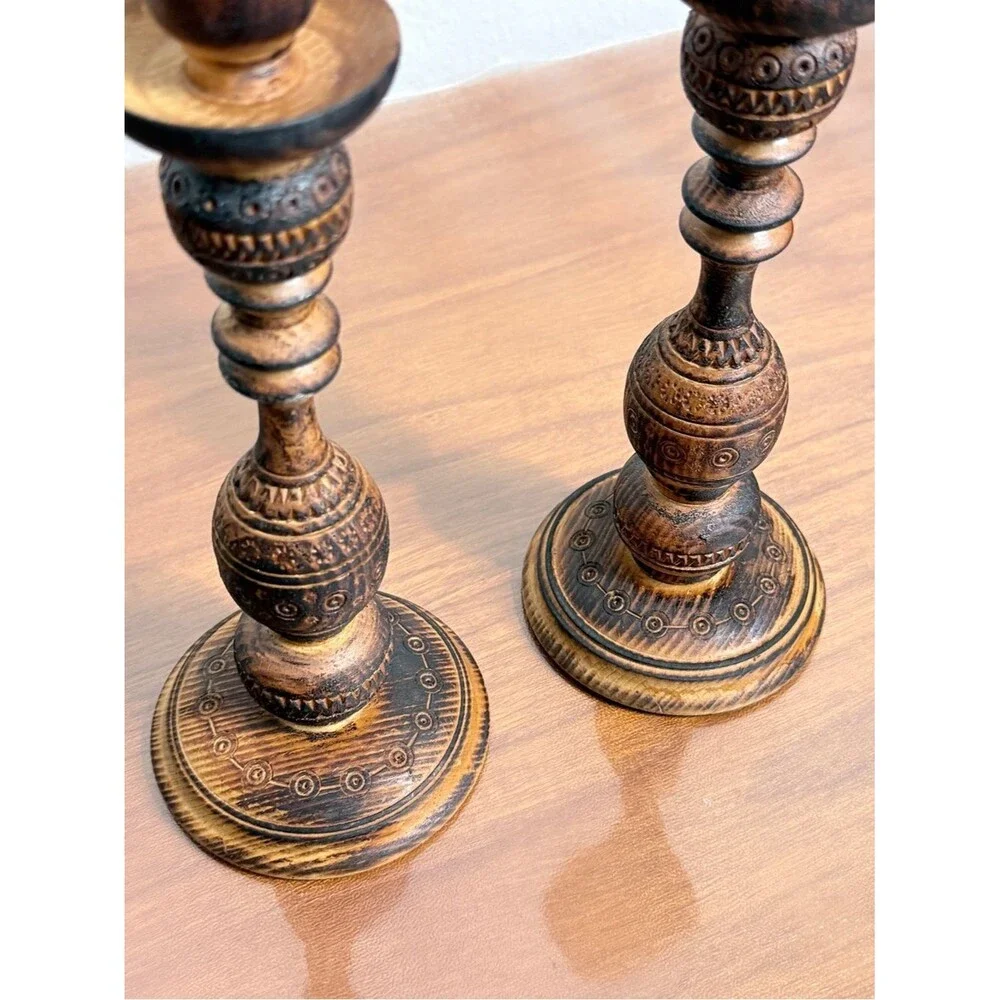 2 Carved Distressed Wood-Burned Turned Wood Candle Holders 10”